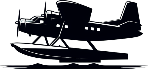 Create a cartoon-style illustration of a dark silhouette of a seaplane, side profile.
Single Game Texture. In-Game asset. 2d. Blank background. High contrast. No shadows.