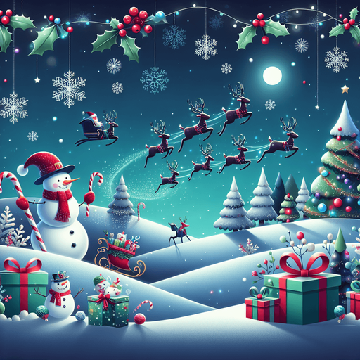 a feeric christmas landscape at night with a snow man , candy canes ,holly leafs and snow flakes, Santa's reindeers, green, red and blue presents Background image