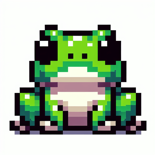 pixelated 8-bit cute sitting frog seen from the front.
Single Game Texture. In-Game asset. 2d. Blank background. High contrast. No shadows.