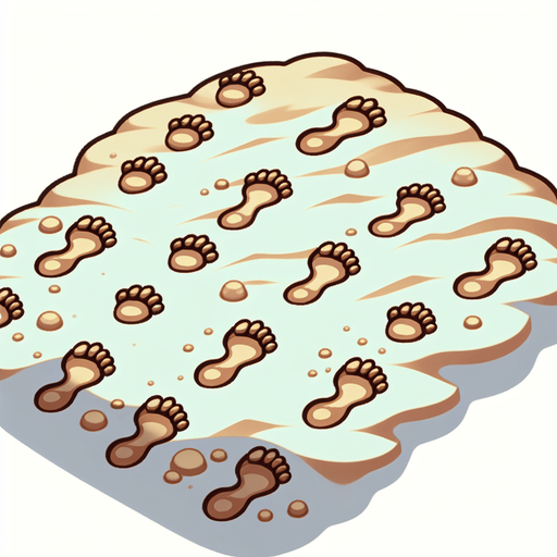 Create a cartoon-style illustration of footsteps in the sand.
Single Game Texture. In-Game asset. 2d. Blank background. High contrast. No shadows.