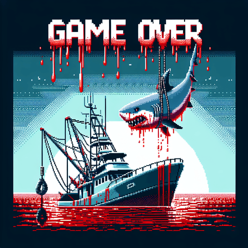 high quality pixel art based background image for a movie showing a Shark hung on a hunting fishing yacht. GAME OVER text written in sharp white fangs text with red blood dripping all around the text.
Single Game Texture. In-Game asset. 2d. Blank background. High contrast. No shadows.