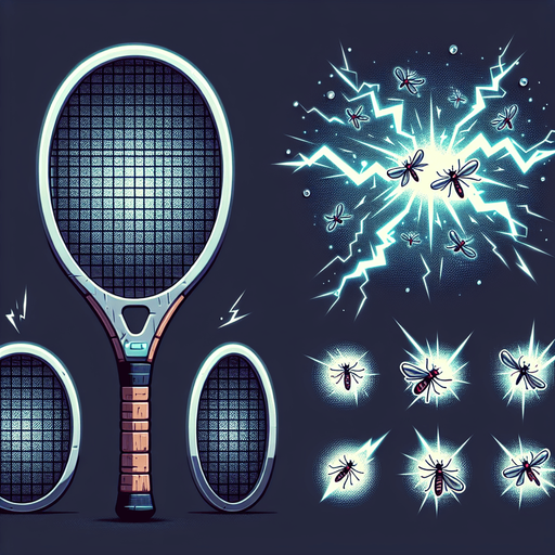 The electric mosquito killing bat sprite sheet will illustrate the device in two states: idle and activated. In the idle state, the bat resembles a tennis racket with a fine mesh grid, featuring a handle for easy grip and a subtle glow emanating from the electrified grid. The activated state showcases the bat in action, zapping mosquitoes with bright sparks and flashes of electricity as they come into contact with the mesh. The sparks should be animated to convey the sensation of a powerful electric discharge. Additional details could include small mosquito silhouettes near the grid in the activated state, or a faint buzzing sound effect to enhance the visual and auditory experience..
Single Game Texture. In-Game asset. 2d. Blank background. High contrast. No shadows.