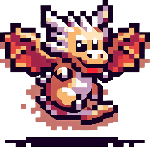 8bit cartoon flying dragon. Front view. Funny..
Single Game Texture. In-Game asset. 2d. Blank background. High contrast. No shadows.