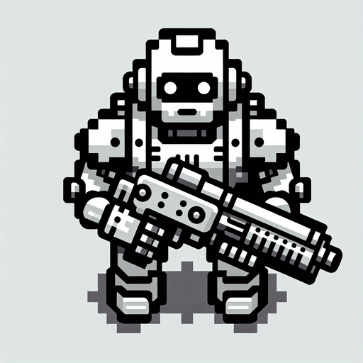 top down robot with gun.
Single Game Texture. In-Game asset. 2d. Blank background. High contrast. No shadows. topdown shooter