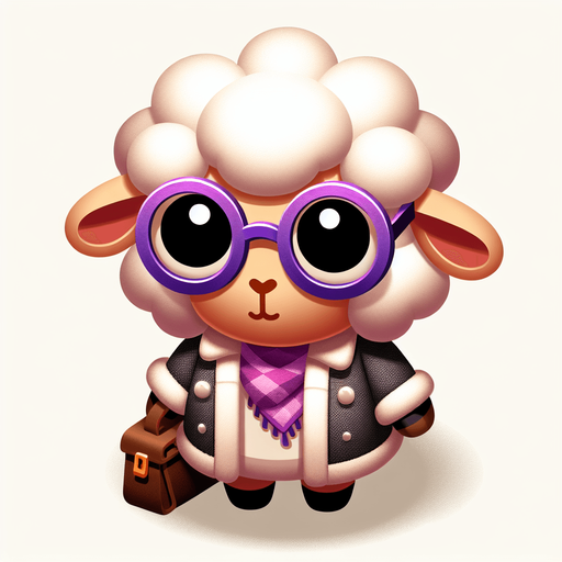 make a sheep wearing round purple glasses a jacket and a bag.
Single Game Texture. In-Game asset. 2d. Blank background. medium contrast. No shadows. cartoony. birdside view. full body. not facing the camera