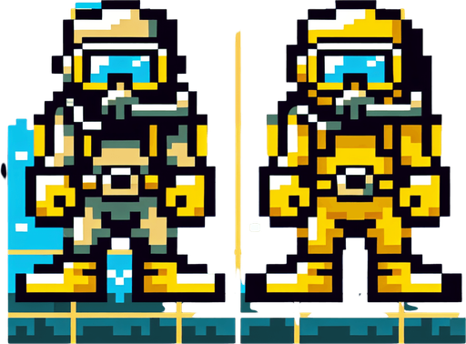 8-bit. cartoon. scubadiver. yellow. oldschool..
Single Game Texture. In-Game asset. 2d. Blank background. High contrast. No shadows.