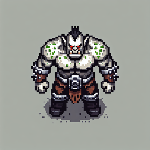 an orc warrior with a large head and red eyes. pixelart. top down view. Single Game Texture. In-Game asset. 2d. Blank background. High contrast. No shadows.