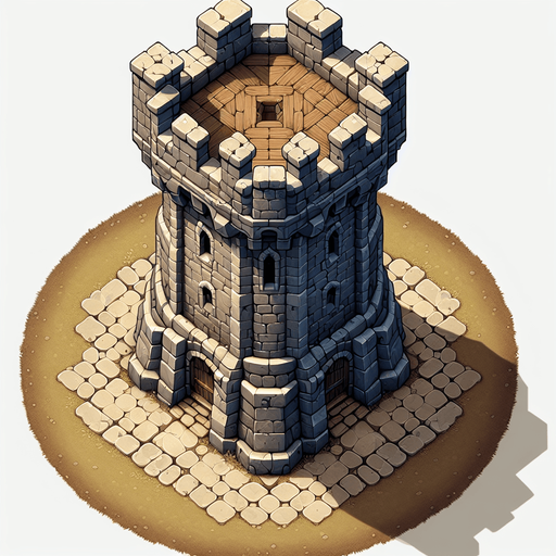 a medieval style stone tower. top down view. Single Game Texture. In-Game asset. 2d. Blank background. High contrast. No shadows.