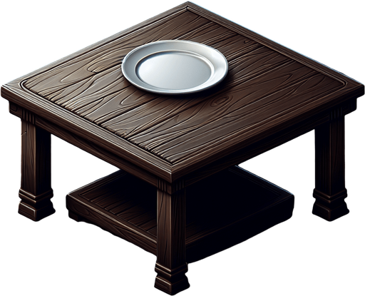 a dark wooden kitchen table with a serving plate..
Single Game Texture. In-Game asset. 2d. Blank background. High contrast. No shadows.