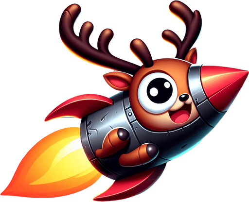 A reindeer on a rocket.
Single Game Texture. In-Game asset. 2d. Blank background. High contrast. No shadows.