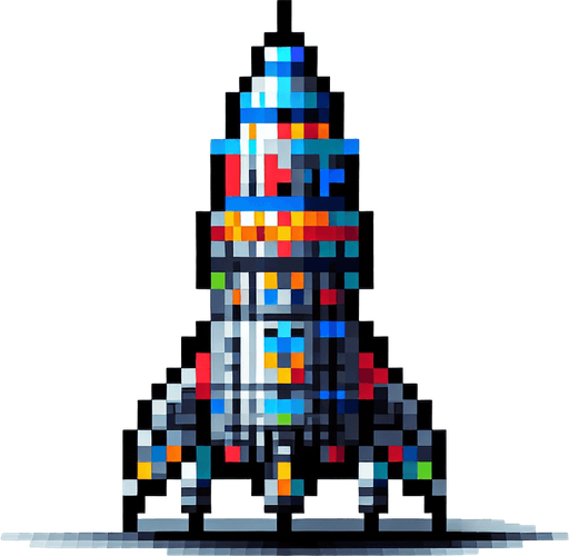 pixel art of an alien space rocket.
Single Game Texture. In-Game asset. 2d. Blank background. High contrast. No shadows.