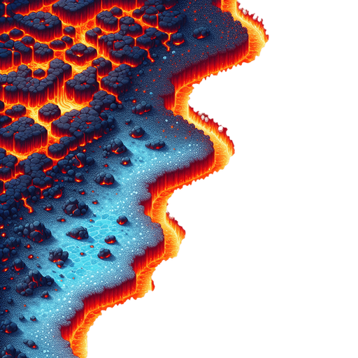 top-down bird-eye view perspective off a magical land, divided into two distinct elements of magma and ice. 8-bit pixelated.
Single Game Texture. In-Game asset. 2d. Blank background. High contrast. No shadows.