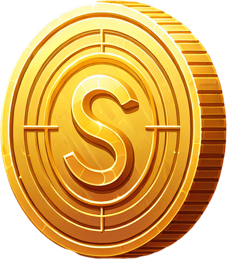 gold coin.
Single Game Texture. In-Game asset. 2d. Blank background. High contrast. No shadows.