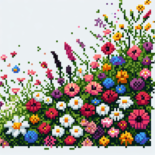 pixel art of a flower patch.
game asset, 2d, white background, shadowless.