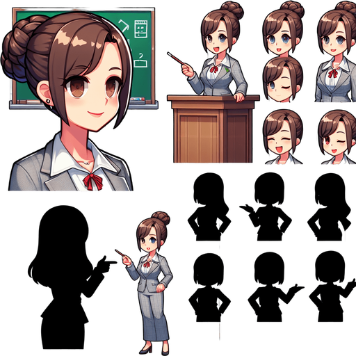 A spritesheet containing several poses of a young female teacher in front of her classroom..
Single Game Texture. In-Game asset. 2d. Blank background. High contrast. No shadows.