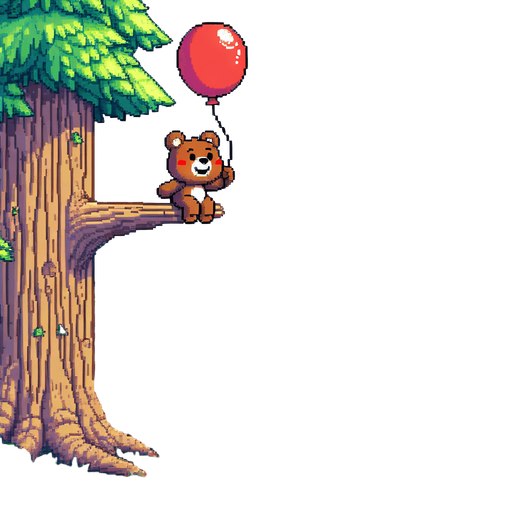 pixel art. a full screen illustration. a likeable and very satiated and content little bear cub with a red baloon is flying away from an incredibly tall redwood tree at considerable height. It's a bright summer day with a clear blue sky. Forest covered mountains in the distance. The overall feel should be happy complacency, even in a place of peril..
Single Game Texture. In-Game asset. 2d. Blank background. High contrast. No shadows.