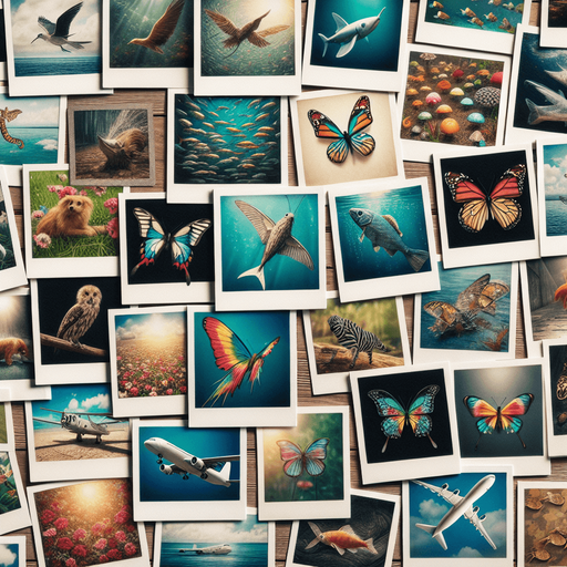 a multitude of polaroids in bulk, with photos of birds, fishes, butterflies, planes....