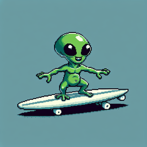 pixelart. a cool green alien in side perspective, surfing on a surfboard, arms out wide for balance. the alien should have a determined grin on his face, but not be scary looking. the alien should be green but could have multiple eyes, tentacles, or other unexpected features..
Single Game Texture. In-Game asset. 2d. Blank background. High contrast. No shadows.