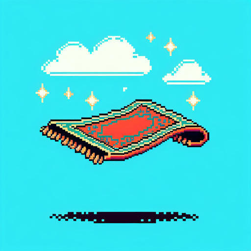 side view of a flat flying carpet heading to the right.
Retro gaming style