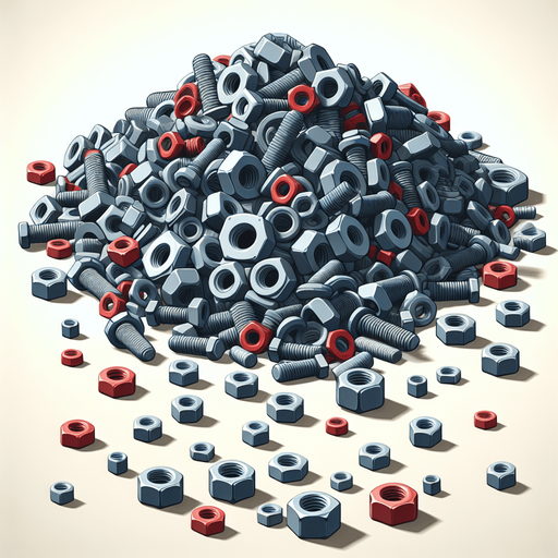 2d pile of gray and red nuts and bolts Single Game Texture. In-Game asset. 2d. Blank background. High contrast. No shadows.