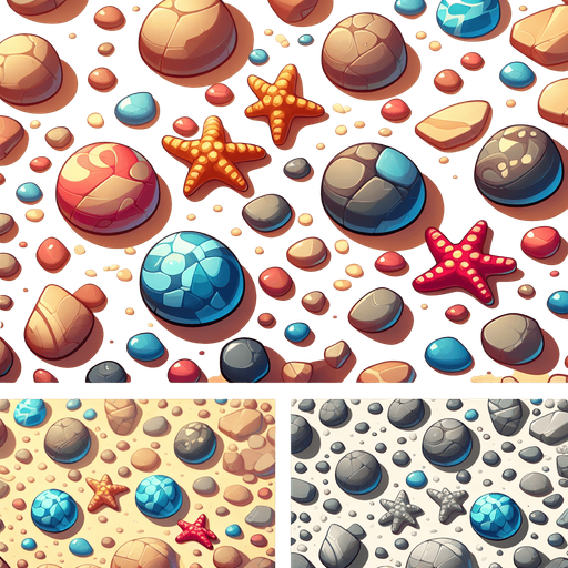 Create a cartoon-style illustration of beach rocks. The goal is to capture a lively and playful location.
Single Game Texture. In-Game asset. 2d. Blank background. High contrast. No shadows.