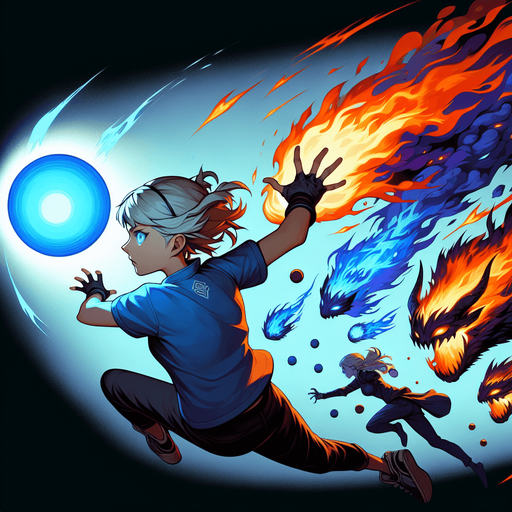 girl shooting on fire blunos with blue ball.
Single Game Texture. In-Game asset. 2d. Blank background. High contrast. No shadows.