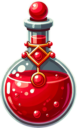 potion magique rouge.
Single Game Texture. In-Game asset. 2d. Blank background. High contrast. No shadows.