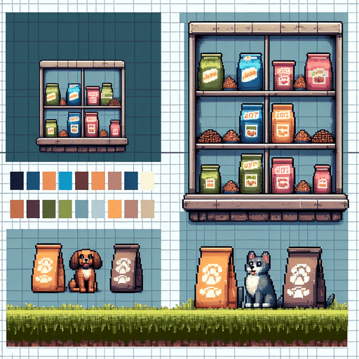 pixel art window with dog food bags displayed within it.
Single Game Texture. In-Game asset. 2d. Blank background.