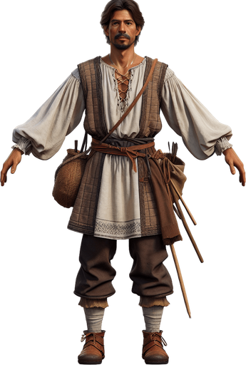 One human medieval villager in a warcraft 2 style Single Game Texture. In-Game asset. 2d. Blank background. High contrast. No shadows.