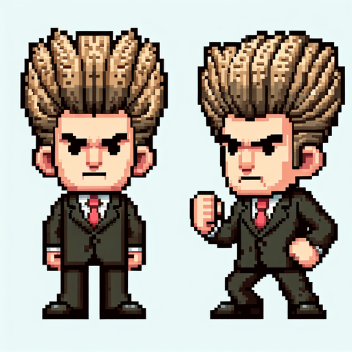 a 2d funny character in 8-bit and cartoon of donald trump. generate 2 images, one standing still and one running..