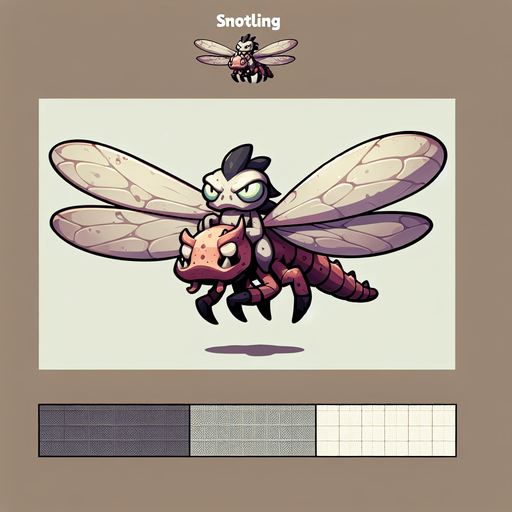 An evil snotling flying on a dragonfly. front view. enemy character in a game. Single Game Texture. In-Game asset. 2d. Blank background. High contrast. No shadows.