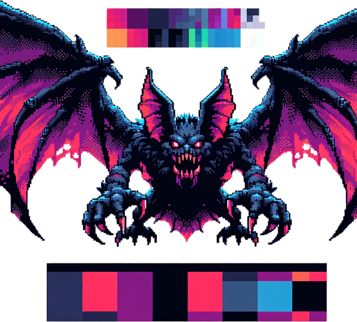 evil large flying bat, front view, I want the art style to reflect a classic 16-bit retro pixel art aesthetic, reminiscent of early 1990s RPGs with vibrant colors..
Single Game Texture. In-Game asset. 2d. Blank background. High contrast. No shadows.