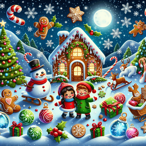 a feeric christmas landscape at night with a snow man , candy canes ,holly leafs and snow flakes, cute penguin, Santa's reindeers, green, red and blue presents and a lot of toys, a sled, gingerbread boy and girl, snow globes, a cute polar bear cub. a gingerbread house Background image