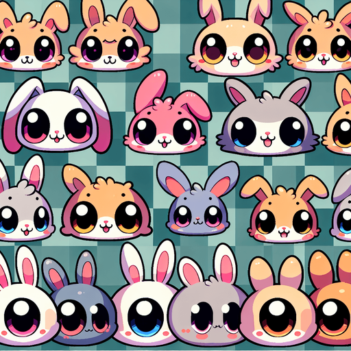 A spritesheet of cute happy and very silly-looking rabbits staring wideeyed at the camera..
Single Game Texture. In-Game asset. 2d. Blank background. High contrast. No shadows.