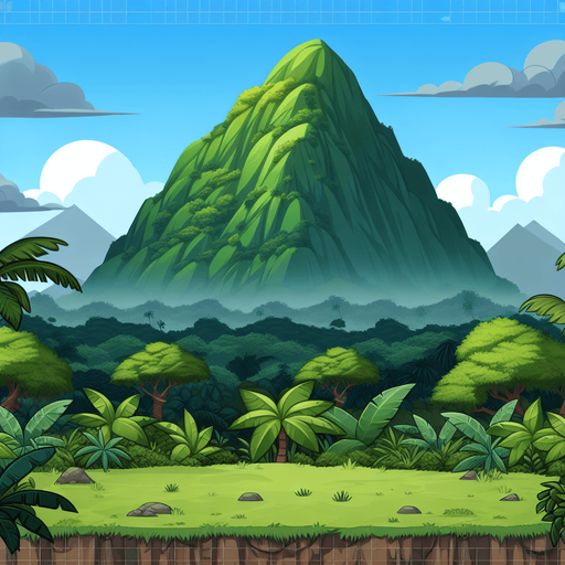 jungle background. Big green mount in the back. Cartoon. In game asset. No shadaw. High contrast.
Single Game Texture. In-Game asset. 2d. Blank background. High contrast. No shadows.