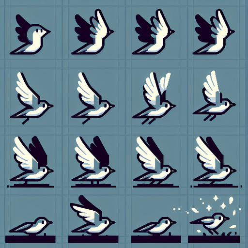 sprite sheet of a bird flying two positions, one with   wings up, one with wings down.
sprite sheet 2 x 2