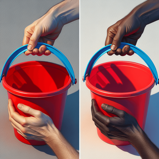 red beach bucket with a blue handle hold by two hands from its bottom..
photorealistic