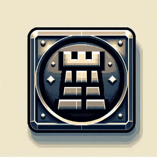 A metalic square button with the symbol of a tower from chess. Pixelart. Gamegui style. Medieval. Single Game Texture. In-Game asset. 2d. Blank background. High contrast. No shadows.