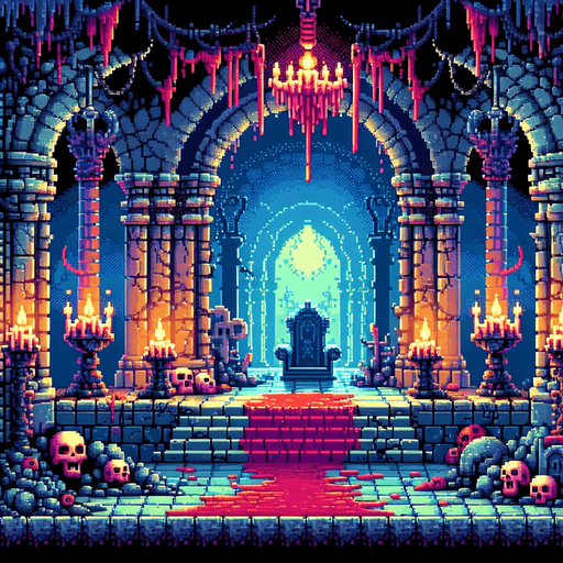 evil enchanted dark catacombs background, 1st person perspective, I want the art style to reflect a classic 16-bit retro pixel art aesthetic, reminiscent of early 1990s RPGs with vibrant colors.
Single Game Texture. In-Game asset. 2d. Blank background. High contrast. No shadows.