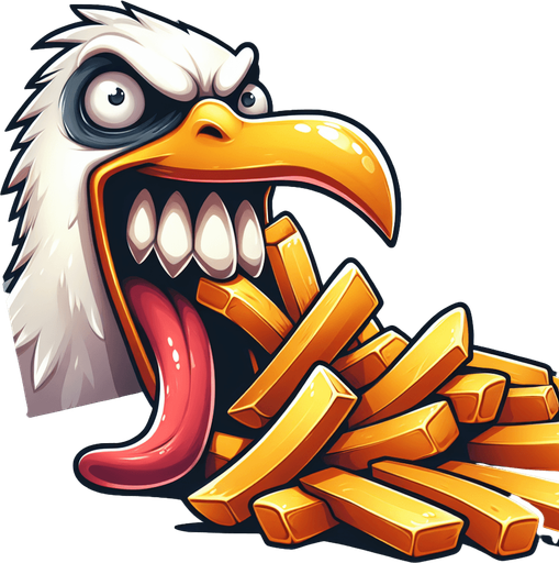 create a cartoon-style illustration of a seagul's face chomping down on fries make it comical..
Single Game Texture. In-Game asset. 2d. Blank background. High contrast. No shadows.