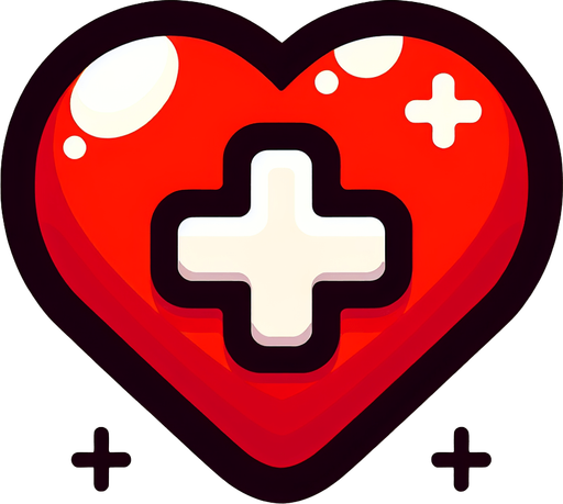 Red 
Heart  with plus symbol at centre.
Single Game Texture. In-Game asset. 2d. Blank background. High contrast. No shadows.