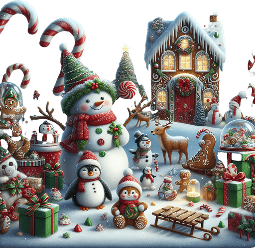 a feeric christmas landscape at night with a snow man , candy canes ,holly leafs and snow flakes, cute penguin, Santa's reindeers, green, red and blue presents and a lot of toys, a sled, gingerbread boy and girl, snow globes, a cute polar bear cub. a gingerbread house Background image