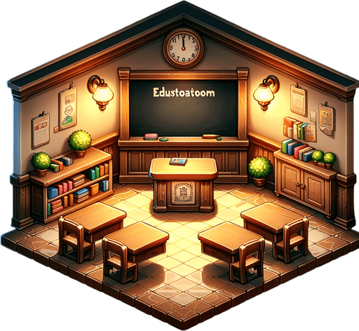 A clean, warm and welcoming classroom in a school, facing the blackboard..
Single Game Texture. In-Game asset. 2d. Blank background. High contrast. No shadows.