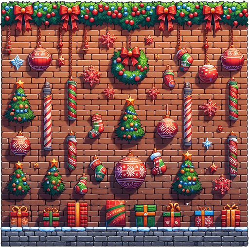 2d christmas brick wall Single Game Texture. In-Game asset. 2d. Blank background. High contrast. No shadows.