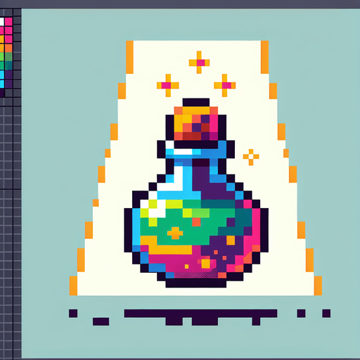 8-bit pixelated invisibility potion powerup.
Single Game Texture. In-Game asset. 2d. Blank background. High contrast. No shadows.