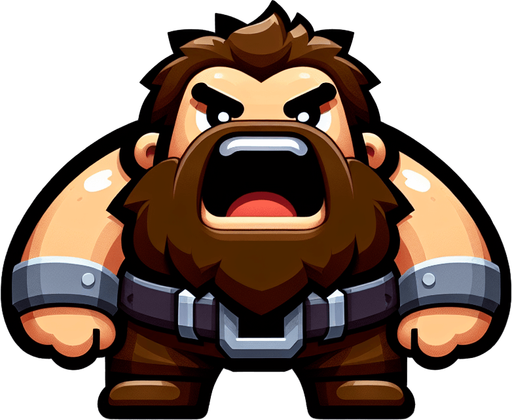 small figure of one funny and fat angry man, with brown beard and open mouth,   2d game character.
Single Game Texture. In-Game asset. 2d. Blank background. High contrast. No shadows.