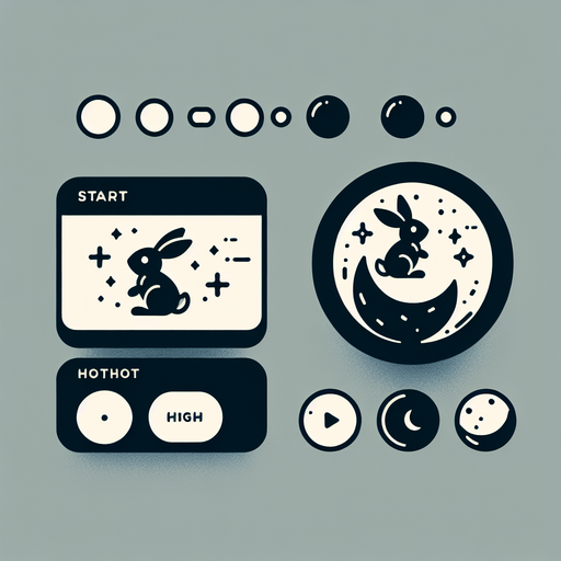 Rabbit and moon themed start button.
Single Game Texture. In-Game asset. 2d. Blank background. High contrast. No shadows.