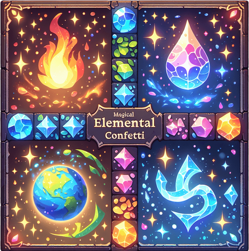 Magical elemental confetti.
Single Game Texture. In-Game asset. 2d. Blank background. High contrast. No shadows.