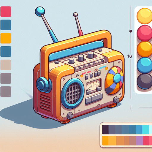 Create a cartoon-style illustration of a mix of a beach radio. Front View.
Single Game Texture. In-Game asset. 2d. Blank background. High contrast. No shadows.