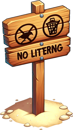 Create a cartoon-style illustration of a wooden no feeding and no littering sign on a sandy stake..
Single Game Texture. In-Game asset. 2d. Blank background. High contrast. No shadows.